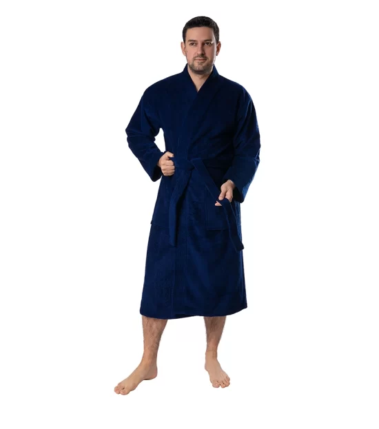 Men's organic kimono robe in navy blue, front view