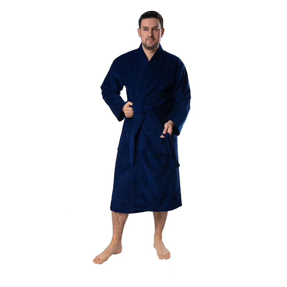 Men's organic kimono robe in navy blue, front view