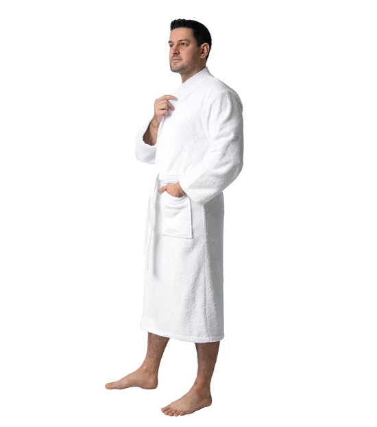 Man wearing a white Turkish cotton terry robe, front view