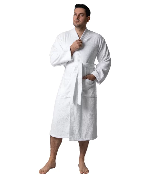 Man wearing a white Turkish cotton terry robe with a shawl collar