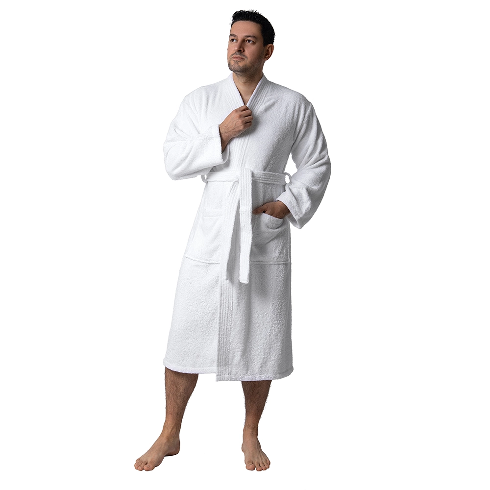 Man wearing a white Turkish cotton terry robe with a shawl collar