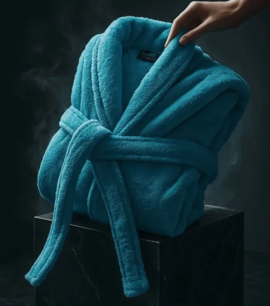 Teal plush fleece kids robe on a dark background