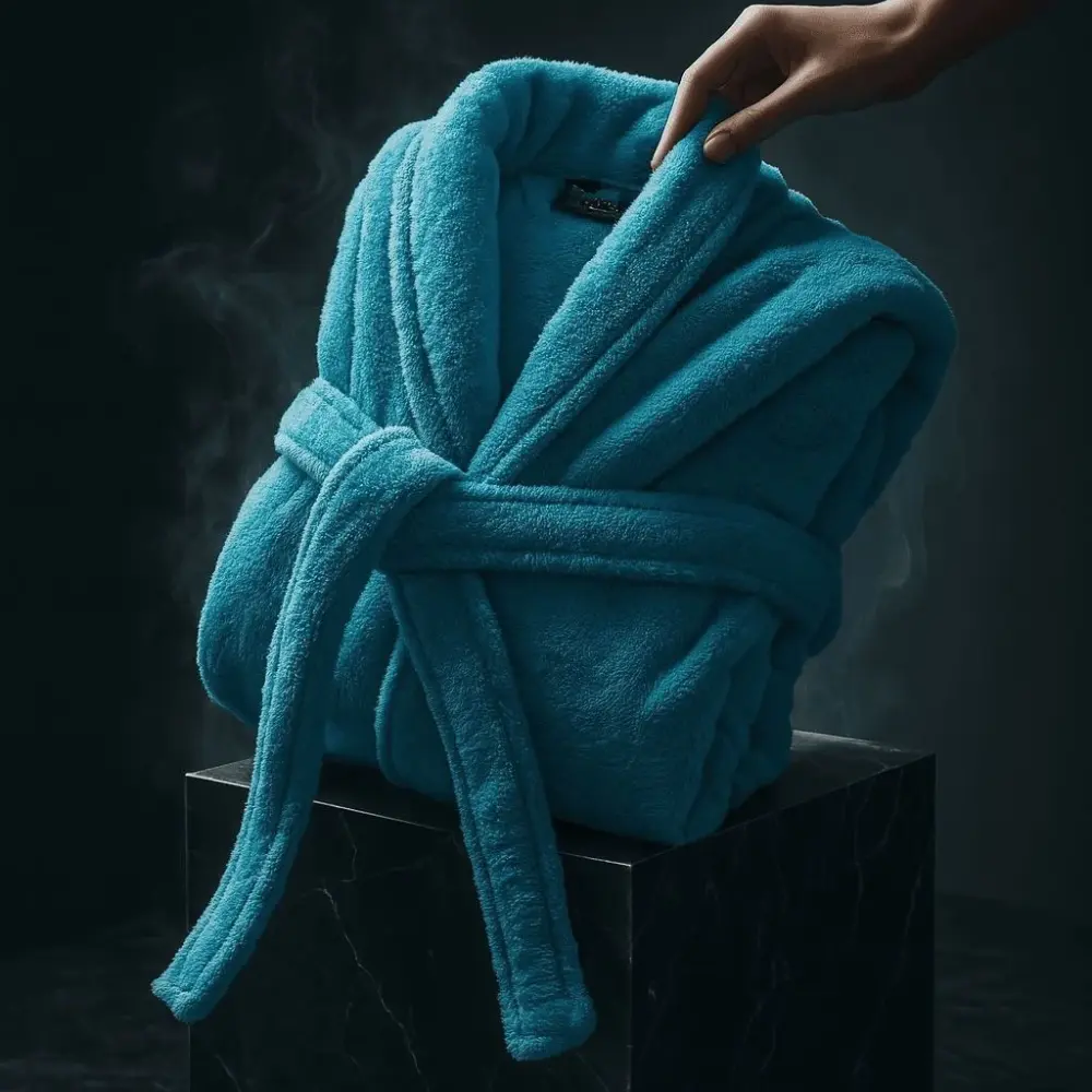 Teal plush fleece kids robe on a dark background