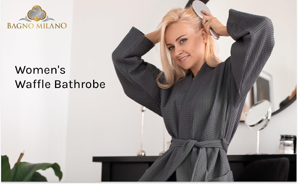 Woman in gray waffle pique bathrobe with towel turban - Bagno Milano