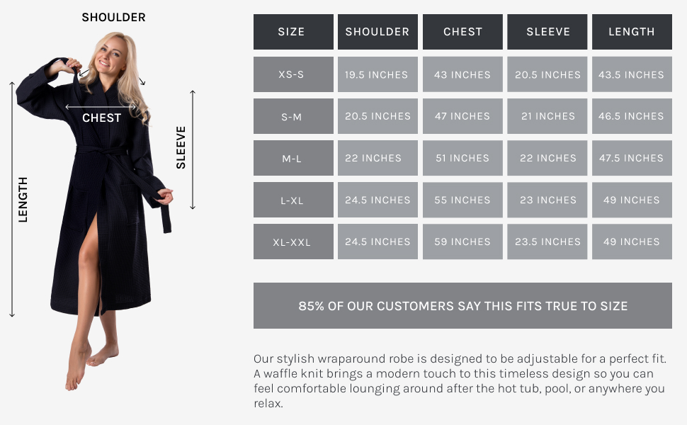 Waffle Pique Spa Robe size chart with model wearing black robe - Bagno Milano