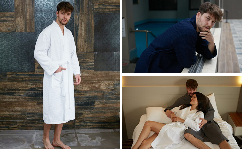 Man wearing white Men's Waffle Bathrobe in lifestyle indoor and evening scenes - Bagno Milano
