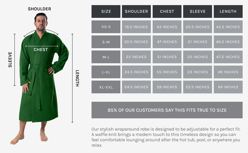 Men's Waffle Bathrobe size chart with model wearing green robe - Bagno Milano