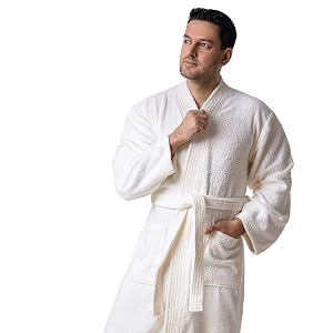 Man standing in ivory Organic Cotton Soft Terry Robe, studio product shot - Bagno Milano