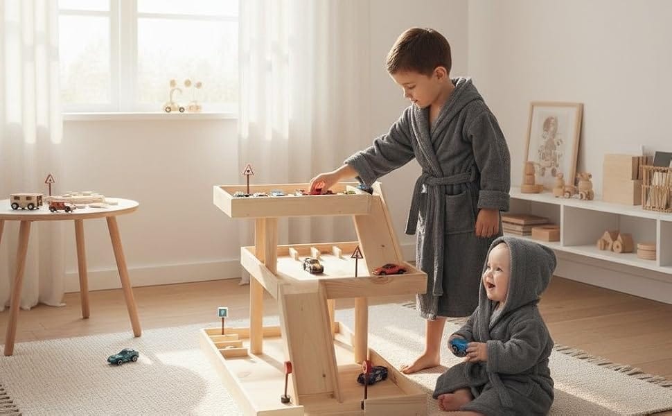 Boy in gray Organic Kids Robe playing with wooden toys - Bagno Milano