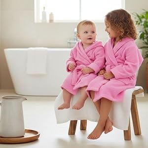 Two children in pink Organic Kids Robes sitting by a bathtub - Bagno Milano