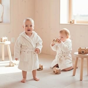 Two toddlers in white Organic Kids Robes playing with a toy camera - Bagno Milano