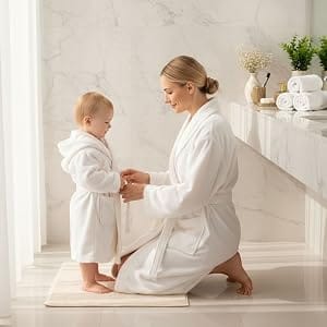 Woman helping a toddler put on a white hooded Organic Kids Robe in a marble bathroom - Bagno Milano