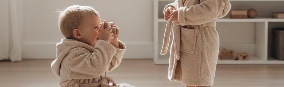 Baby and older child in beige Organic Kids Robes indoors - Bagno Milano