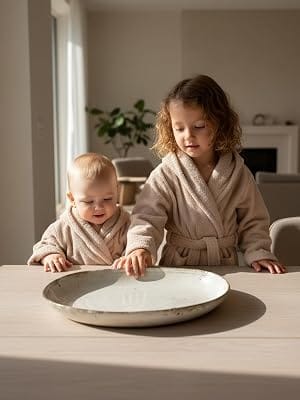 Two children in beige Organic Kids Robes at a table with a bowl - Bagno Milano
