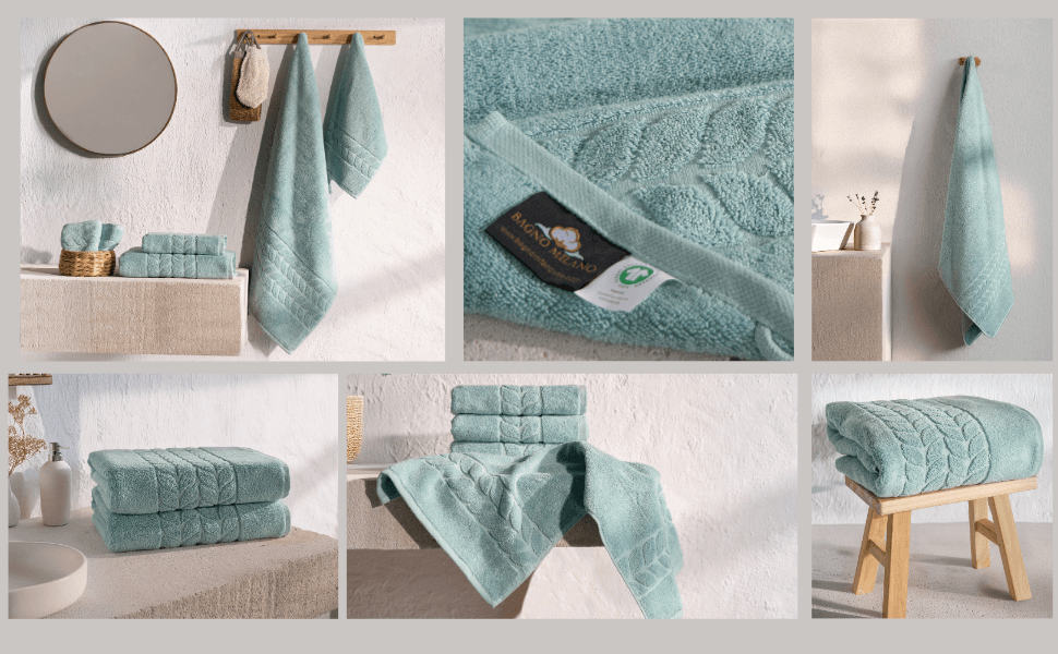 Collage of mint green Organic Luxury Jacquard Border Towels hung and folded in a bathroom setting - Bagno Milano