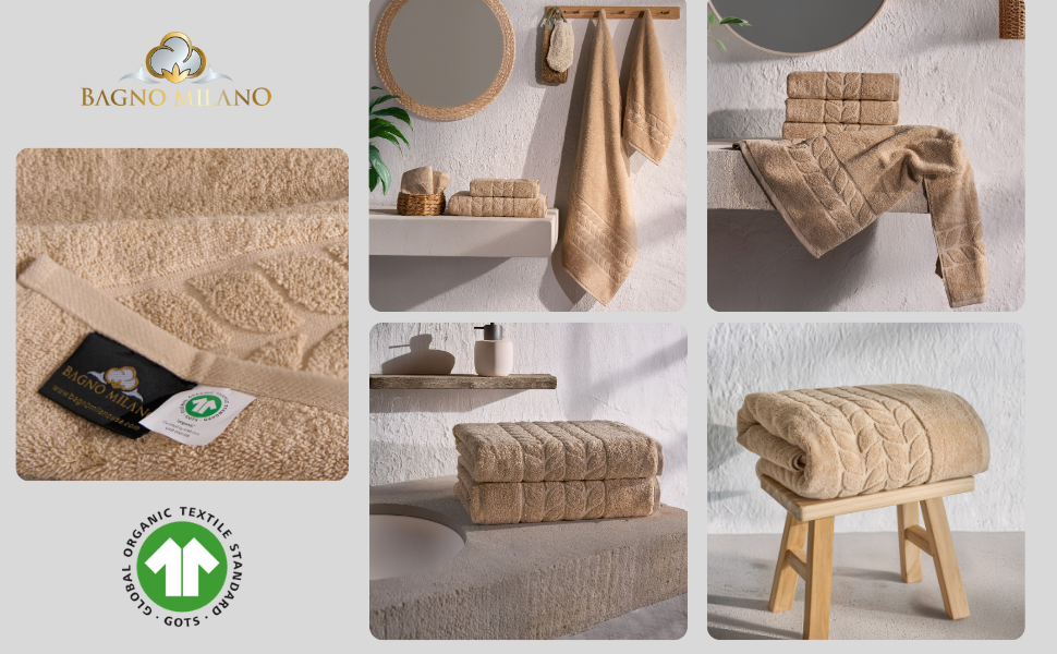 Collage of beige Organic Luxury Jacquard Border Towels folded on stools with organic cotton certification icon - Bagno Milano