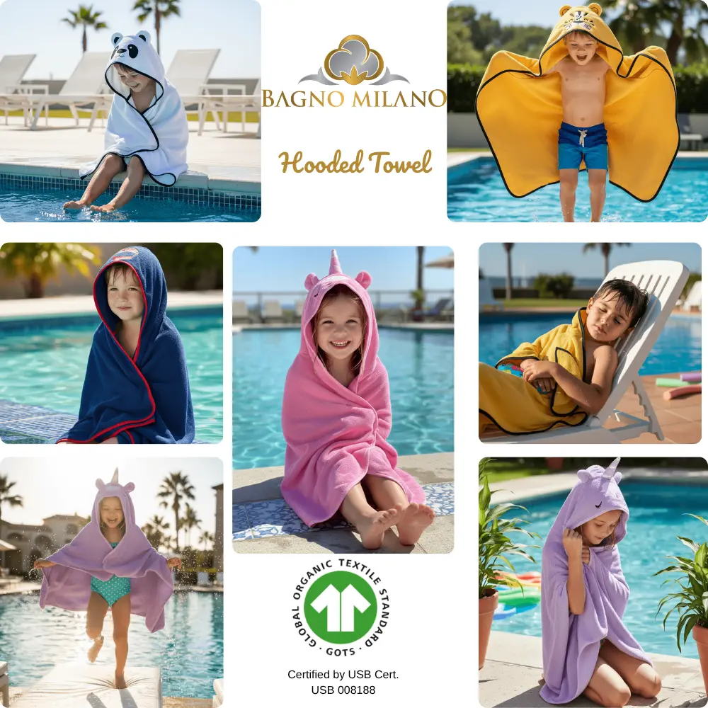 Bagno Milano organic cotton kids hooded towel collection – panda, tiger, unicorn and racer character designs, GOTS certified