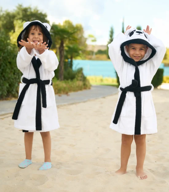 Organic cotton kids hooded bathrobe in white panda character design – Bagno Milano