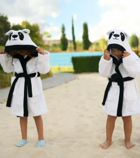 Organic cotton kids hooded bathrobe in white panda character design – Bagno Milano