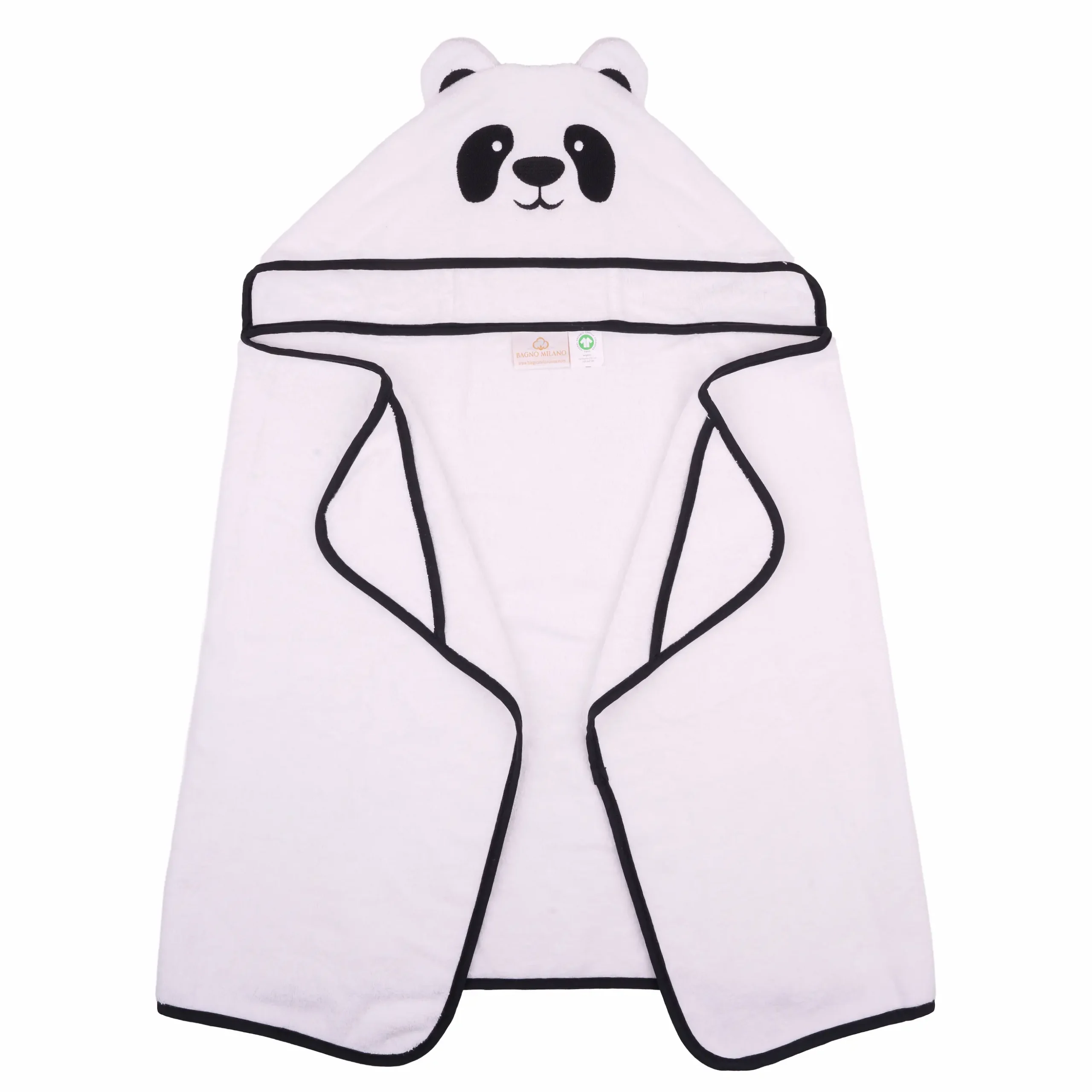 White panda character hooded towel for kids, laid flat