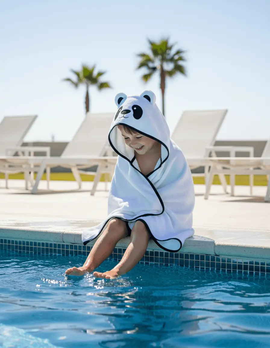 Organic cotton kids hooded towel in white panda character design – Bagno Milano