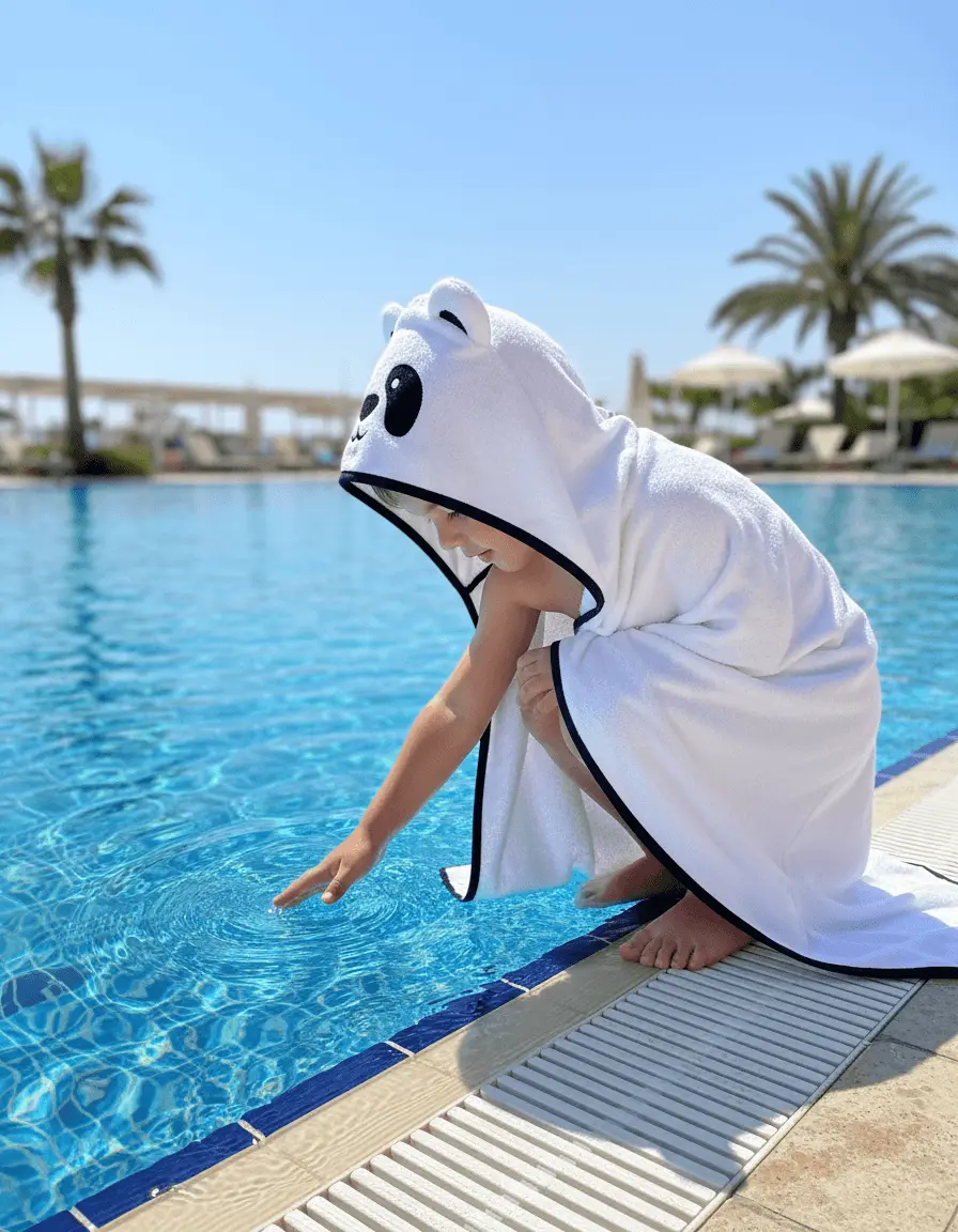 Child in a white panda hooded towel sitting by the pool
