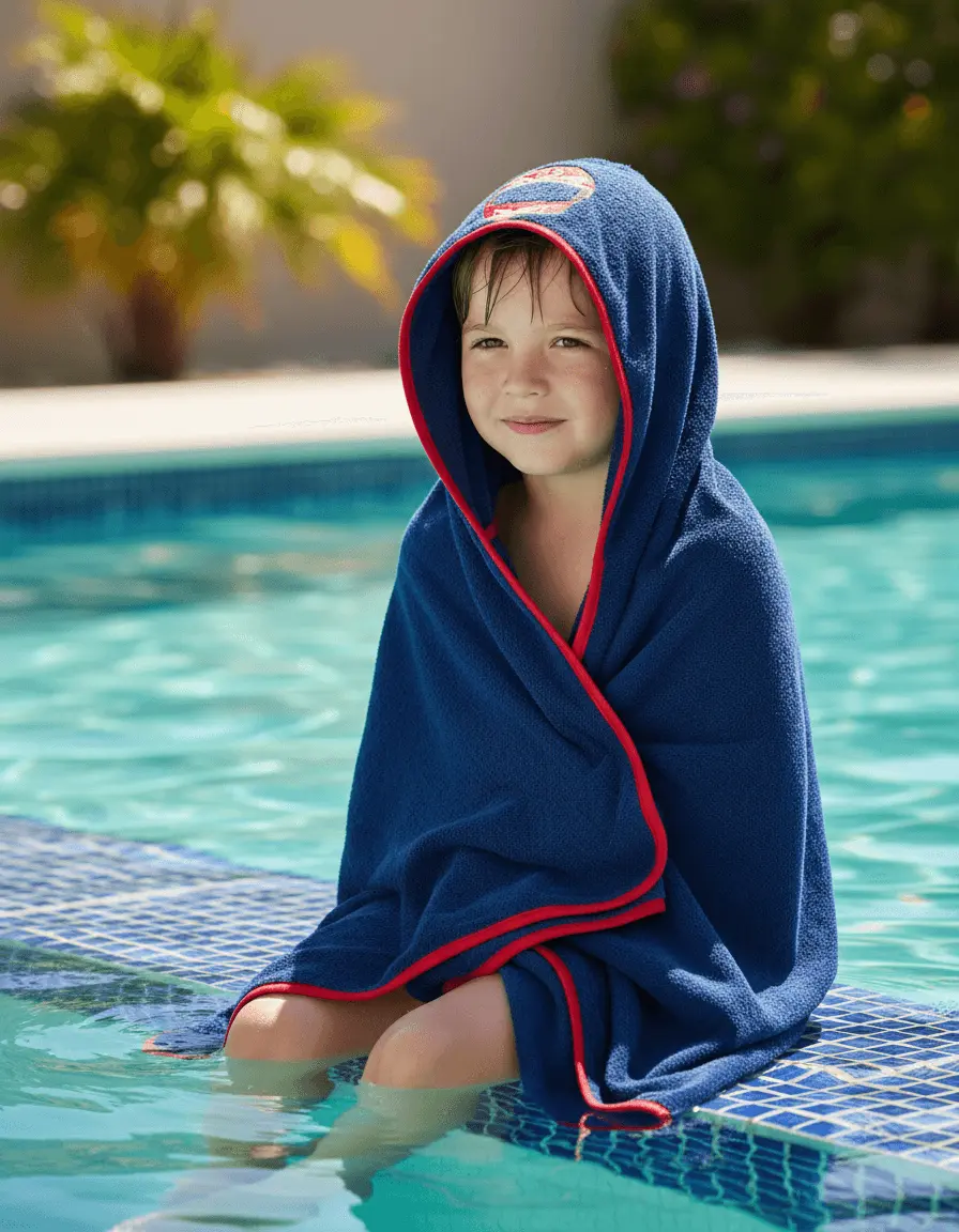 Organic cotton kids hooded towel in navy racer car character design – Bagno Milano