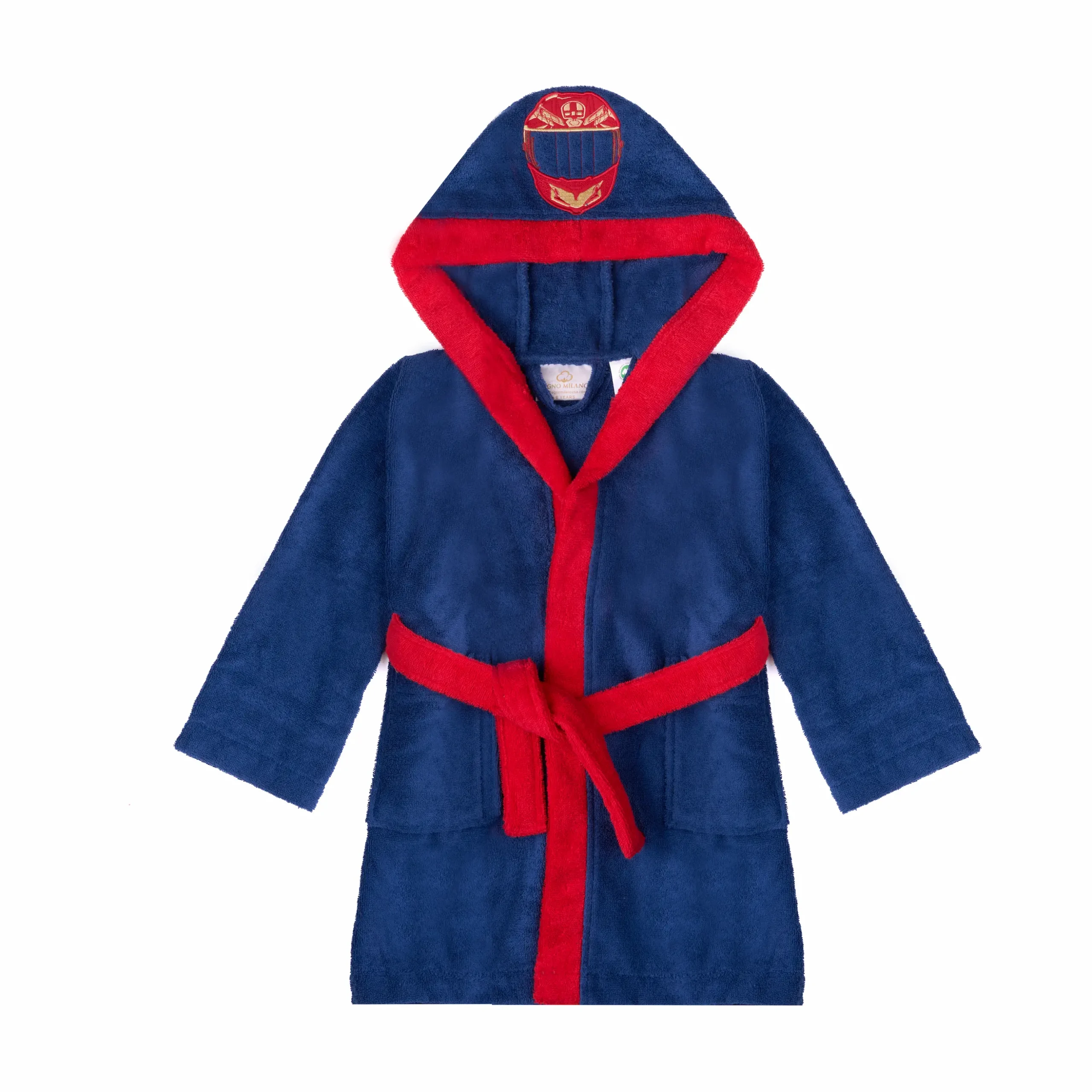 Organic cotton kids hooded bathrobe in navy racer car character design – Bagno Milano