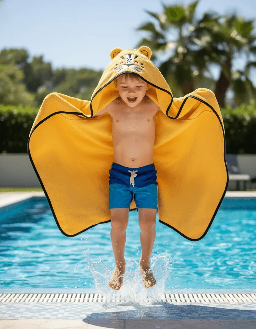 Organic cotton kids hooded towel in yellow tiger character design – Bagno Milano
