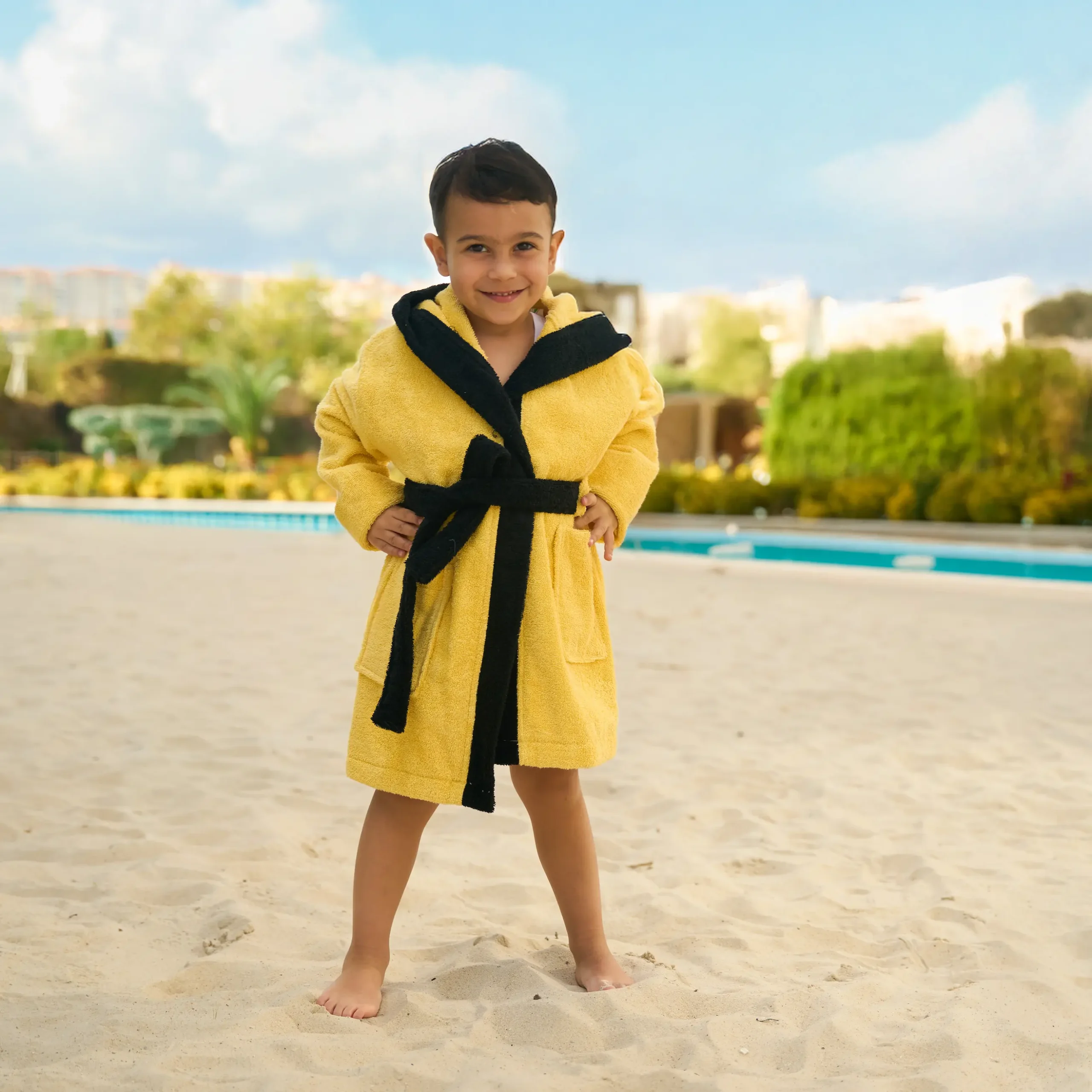 Organic cotton kids hooded bathrobe in yellow tiger character design – Bagno Milano