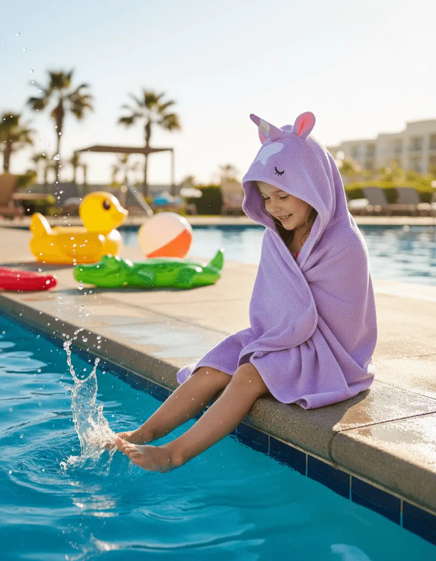 Organic cotton kids hooded towel in purple unicorn character design – Bagno Milano