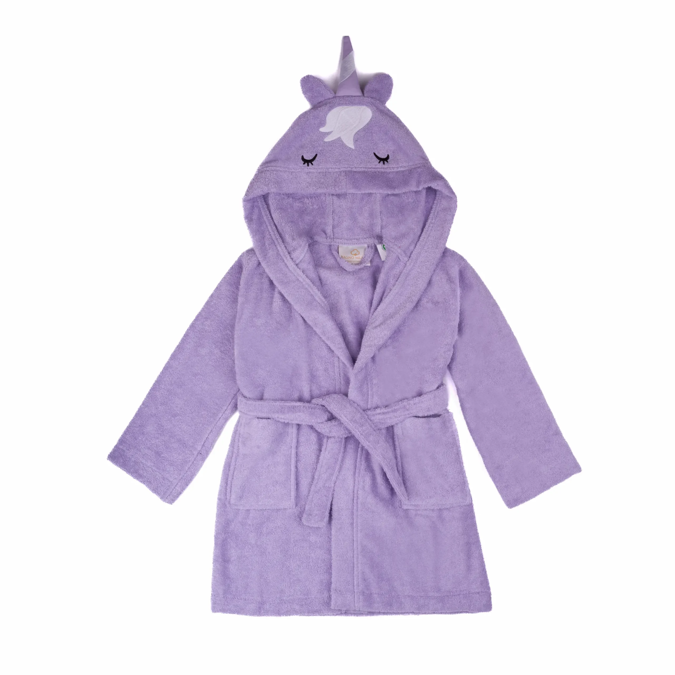 Organic cotton kids hooded bathrobe in purple unicorn character design – Bagno Milano