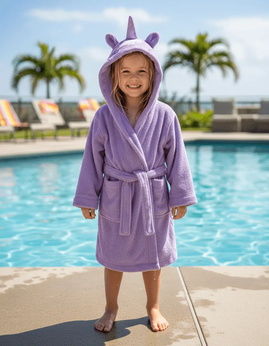 Organic cotton kids hooded bathrobe in purple unicorn character design – Bagno Milano