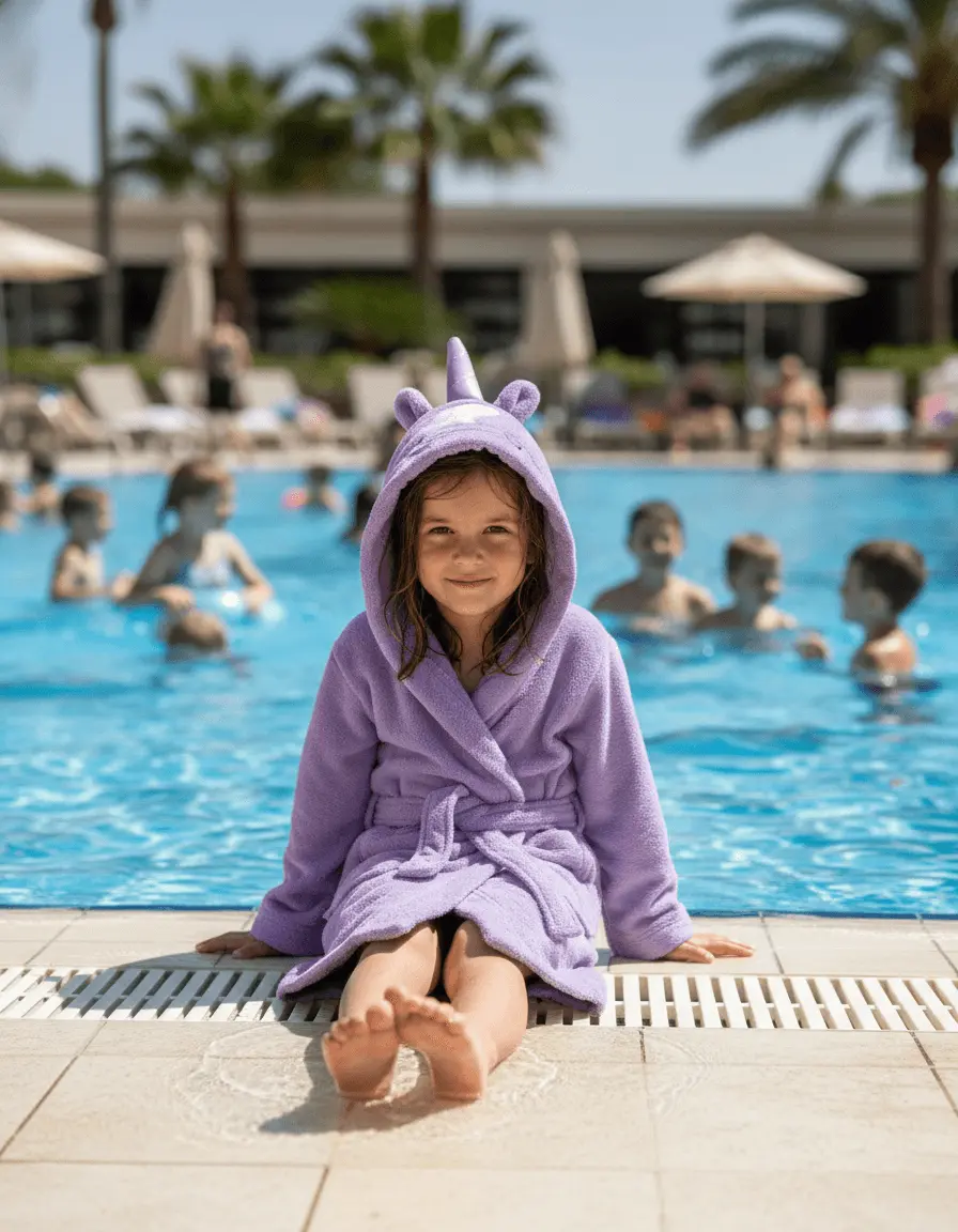 Organic cotton kids hooded bathrobe in purple unicorn character design – Bagno Milano