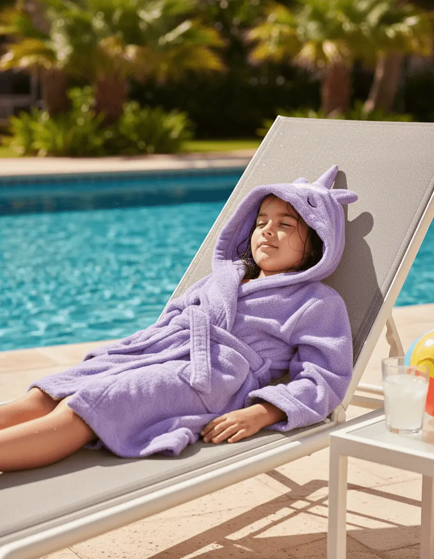 Organic cotton kids hooded bathrobe in purple unicorn character design – Bagno Milano