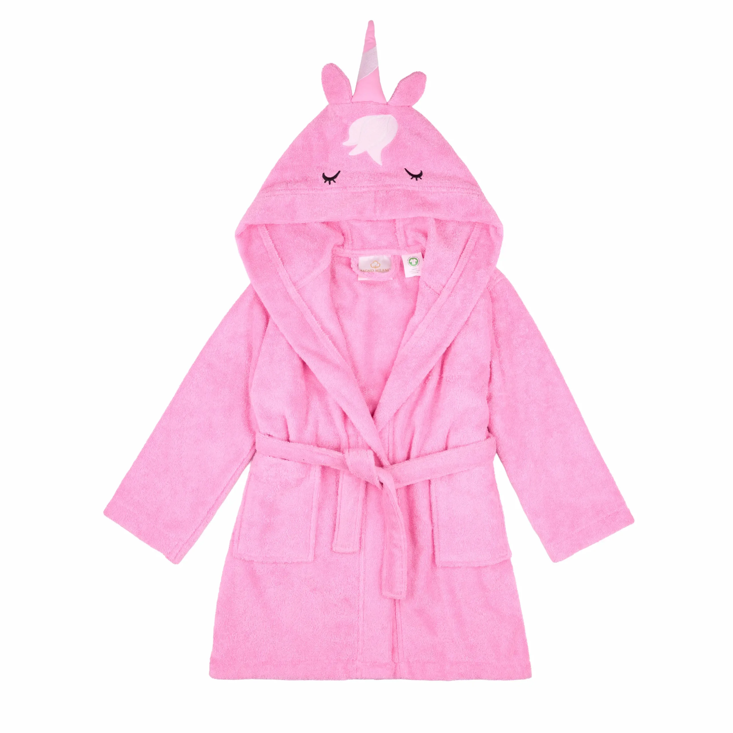 Organic cotton kids hooded bathrobe in pink unicorn character design – Bagno Milano