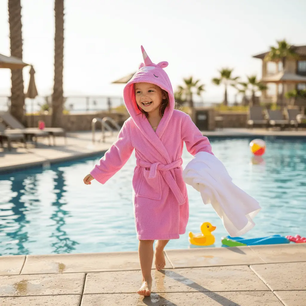 Organic cotton kids hooded bathrobe in pink unicorn character design – Bagno Milano