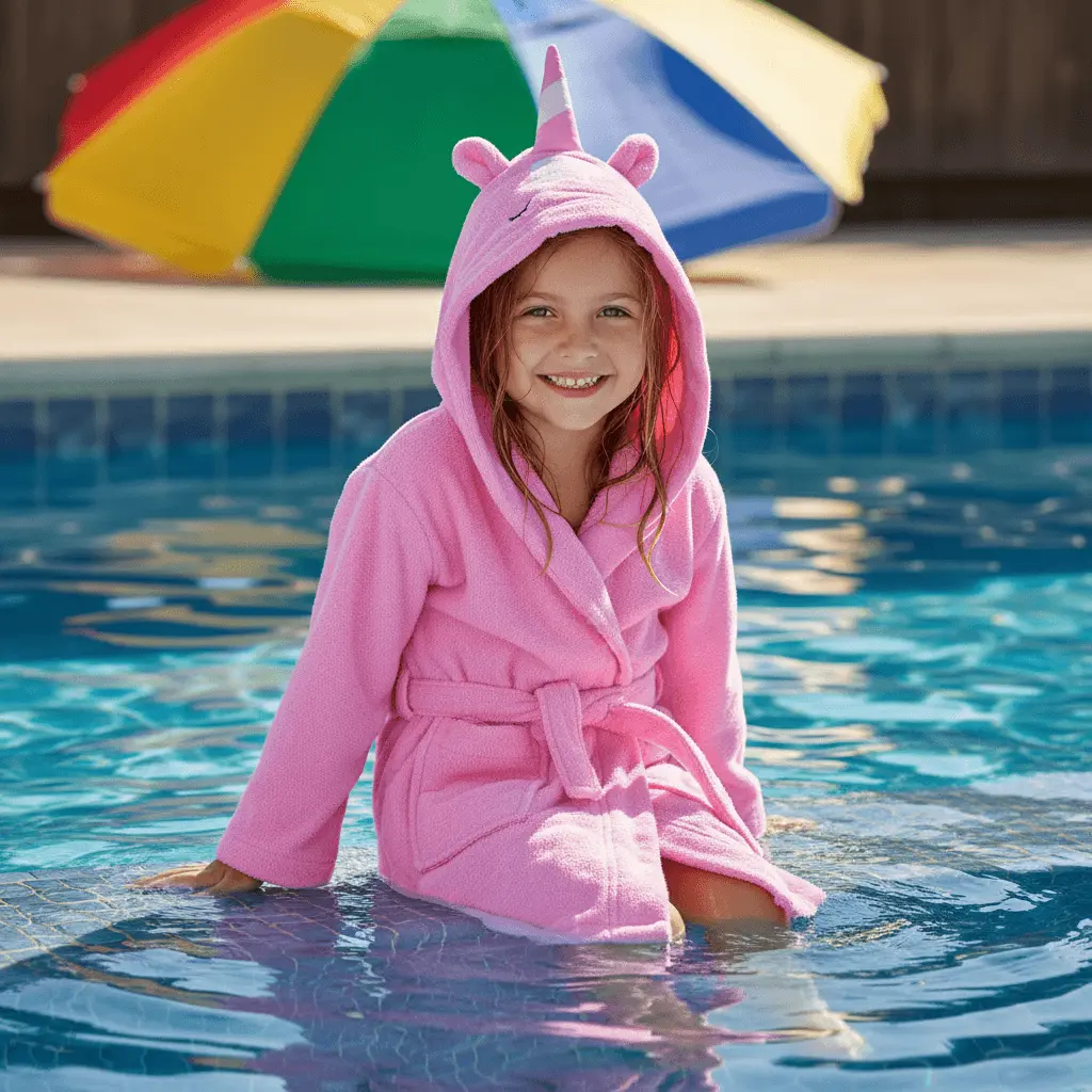 Organic cotton kids hooded bathrobe in pink unicorn character design – Bagno Milano