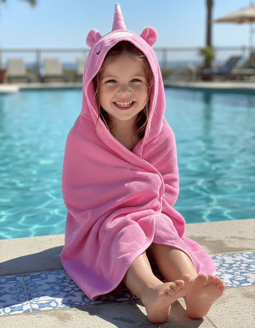 Organic cotton kids hooded towel in pink unicorn character design – Bagno Milano