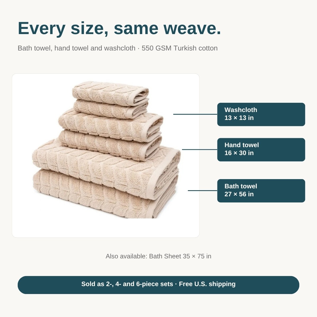 Sand beige Bagno Milano Auraline jacquard bath towel 27 x 56, hand towel 16 x 30 and washcloth 13 x 13 in