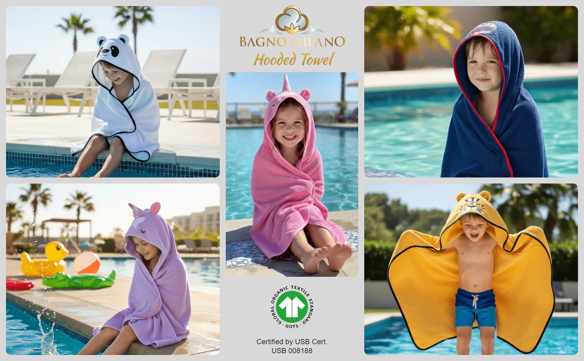 Kids wearing Bagno Milano GOTS certified organic cotton character hooded towels by the pool