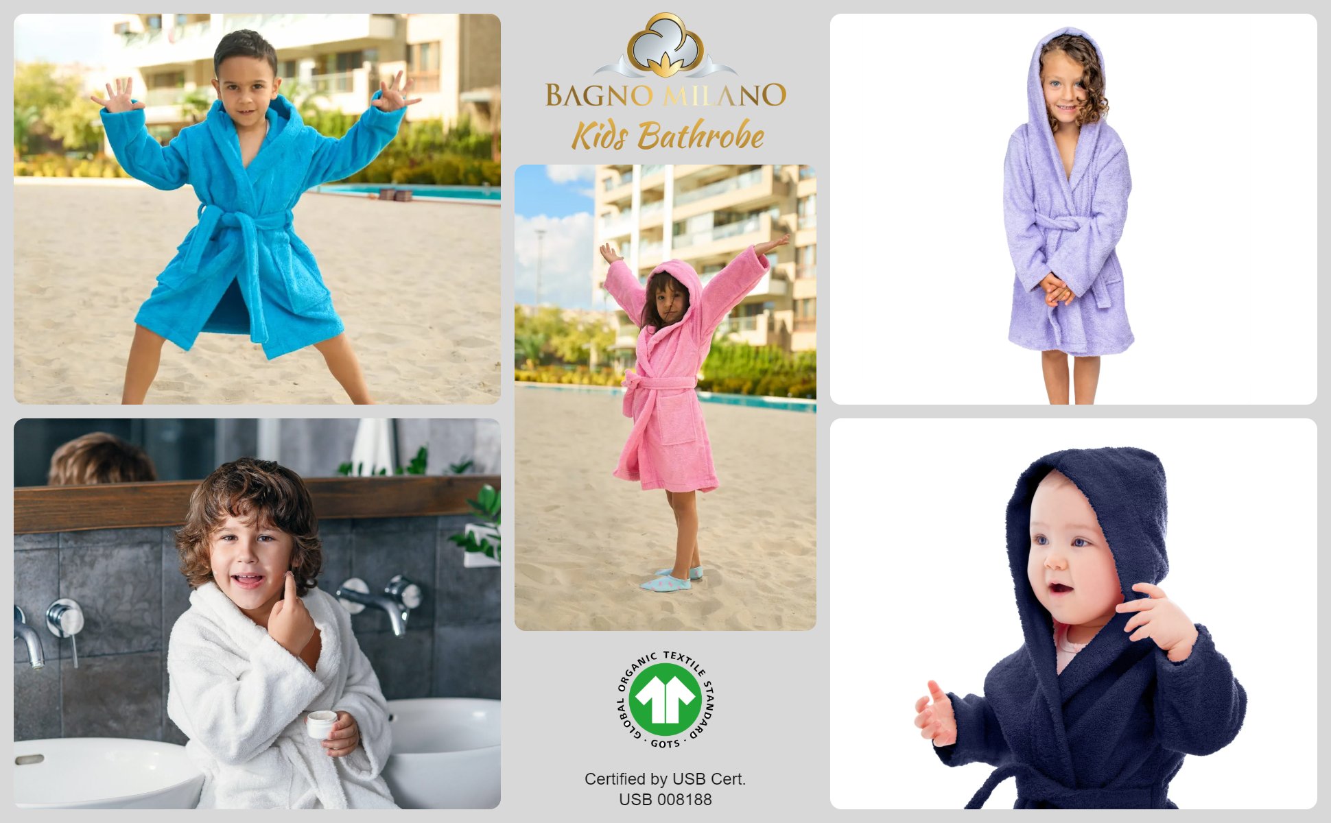 Kids in Bagno Milano GOTS certified organic cotton hooded bathrobes in blue, pink, white, lilac and navy