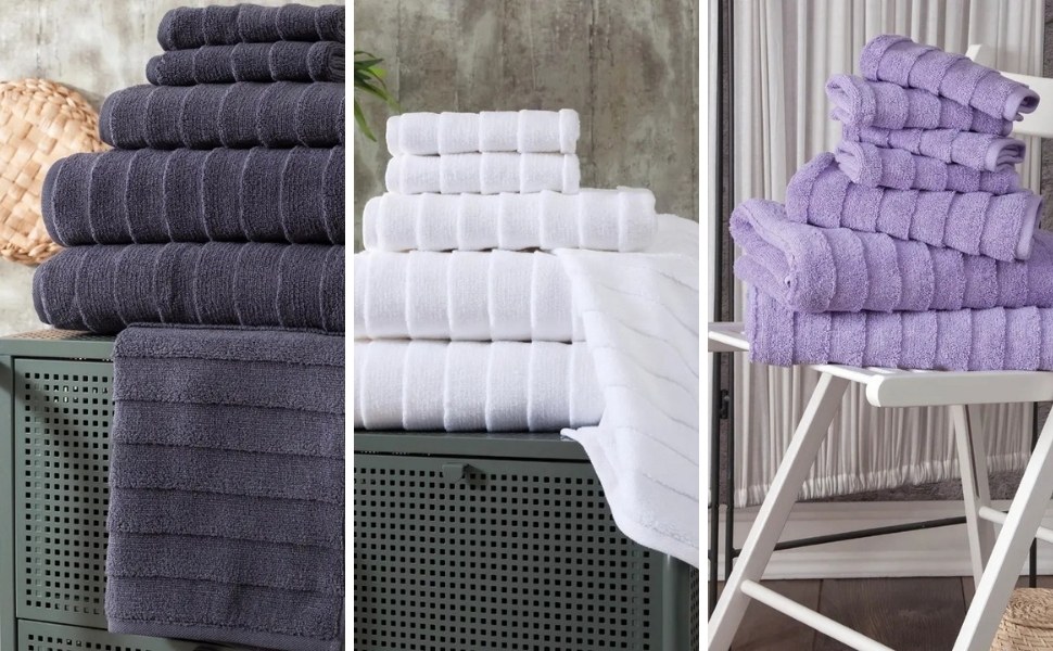 Bagno Milano Elegance ladder-stripe Turkish cotton towels in charcoal, white and lilac