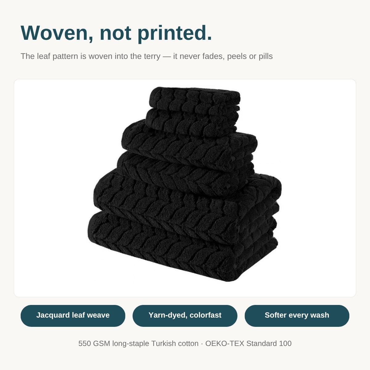 Black Bagno Milano jacquard 6-piece towel set stacked, showing the woven leaf pattern