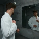 Man in a white waffle pique robe looking in a bathroom mirror