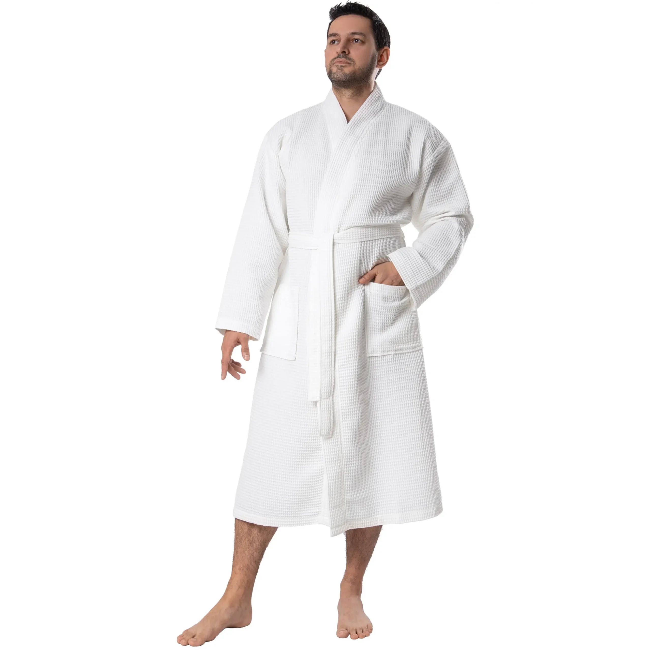 Man wearing a white waffle pique kimono robe, front view