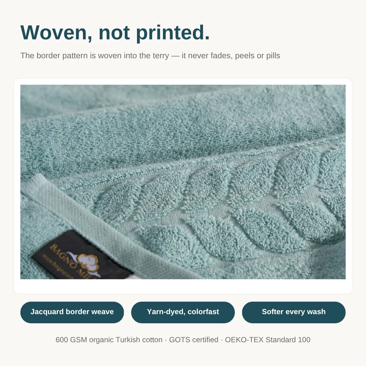 Close-up of the woven jacquard border on a mint Bagno Milano Organic Border towel