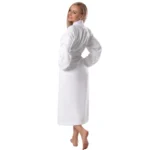 Back view of a white soft terry cotton robe for women with a tied belt