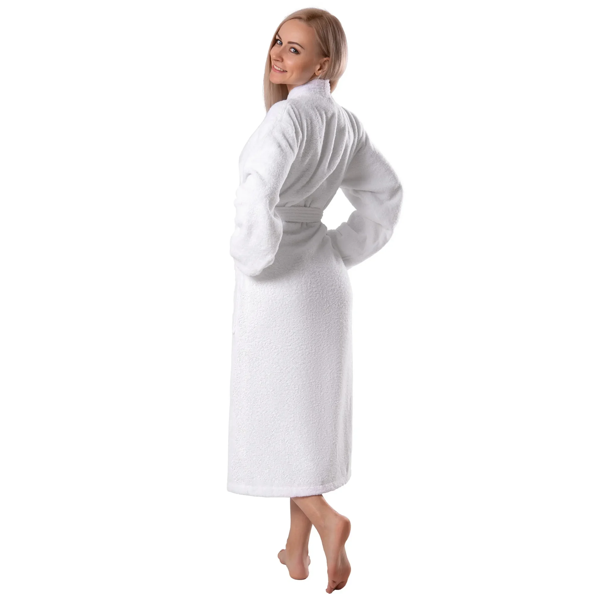 Back view of a white soft terry cotton robe for women with a tied belt