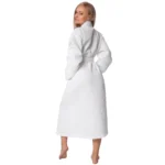Back view of a white waffle pique spa robe for women with a kimono collar and tie belt